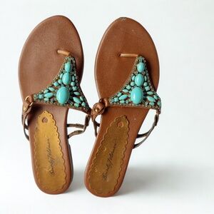 Beverly Feldman Turquoise Beaded Brown Sandal Flats Size 8.5